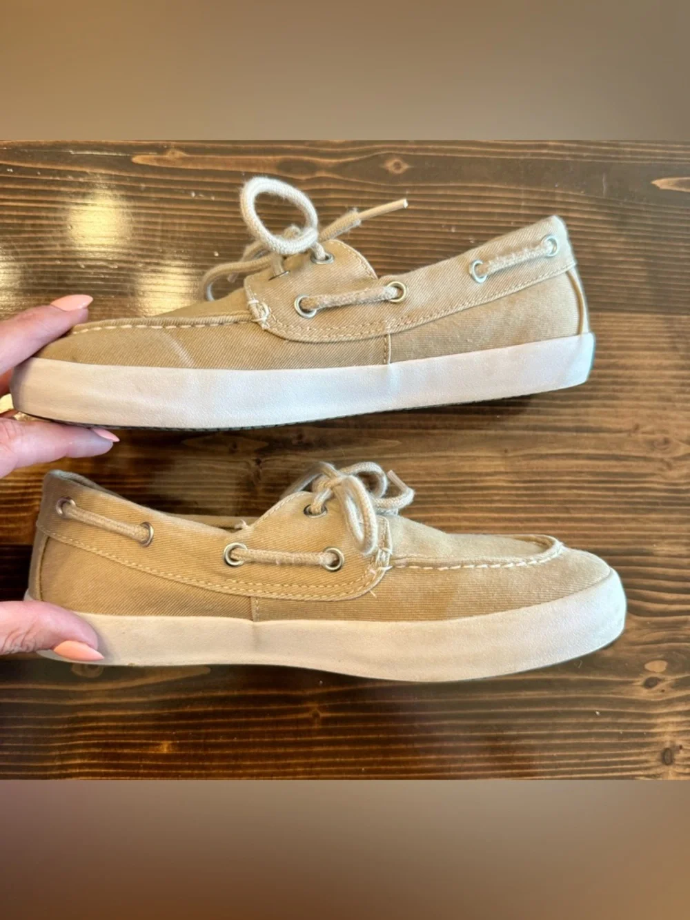 Sperry “Tuck” Boys Tan Canvas Boat Shoes Size  3 EUC